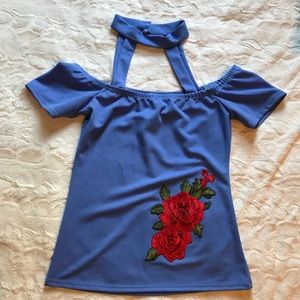 Choker neck off the shoulder embroidery shirt